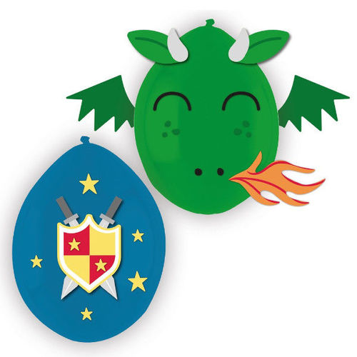 Lot de 3 ballons &agrave; d&eacute;corer chevaliers et dragons vert et bleu